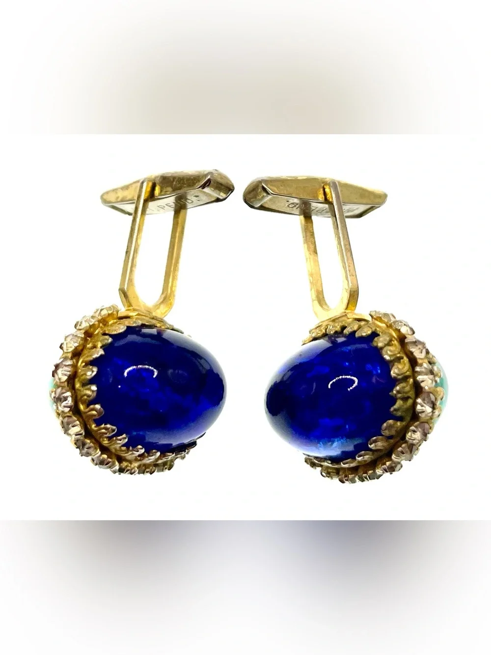 Vintage Blue Green Art Glass Rhinestone Gold Tone Cufflinks MCM Statement